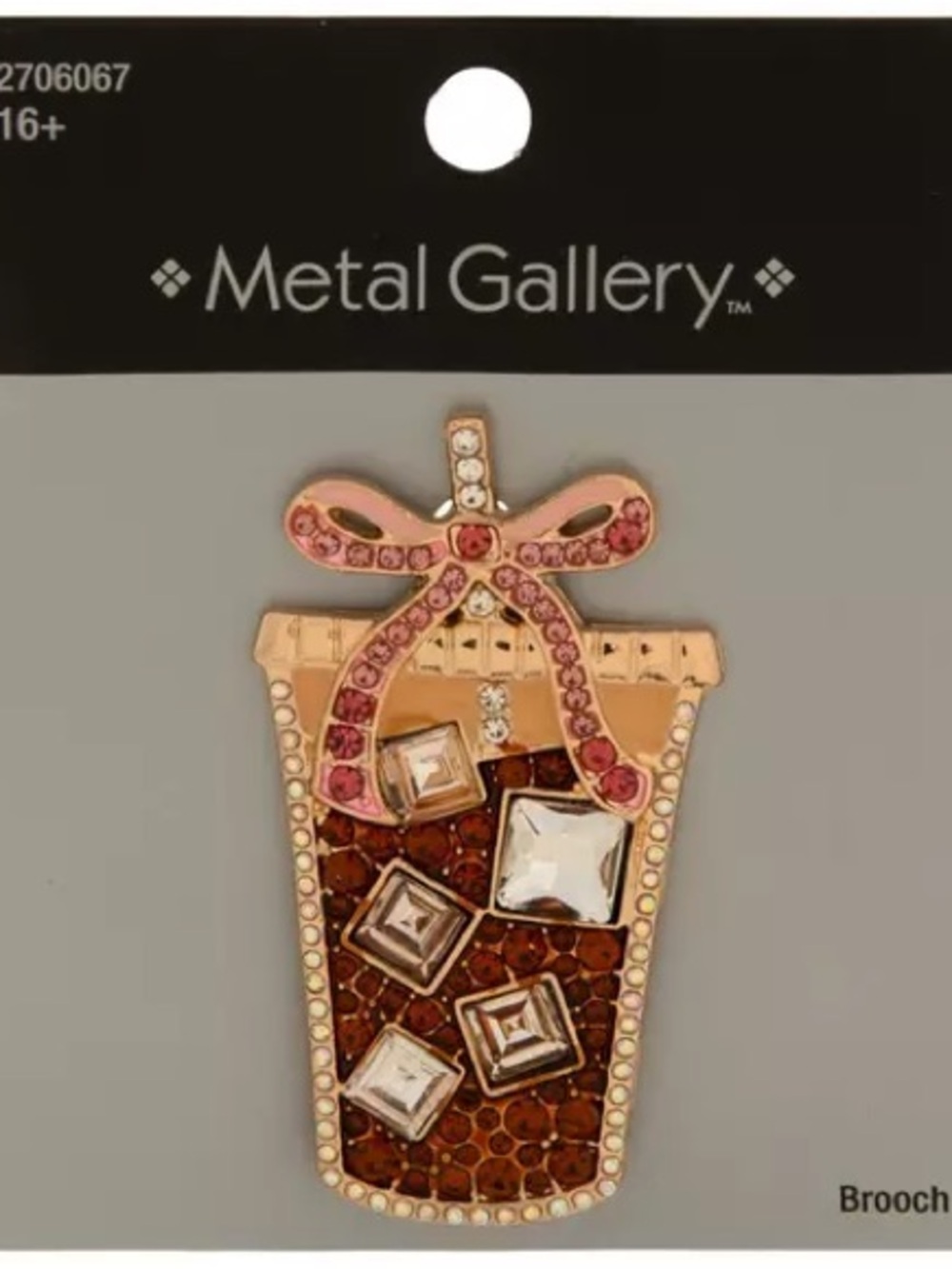 New Iced Coffee & Pink Bow Rhinestone Brooch